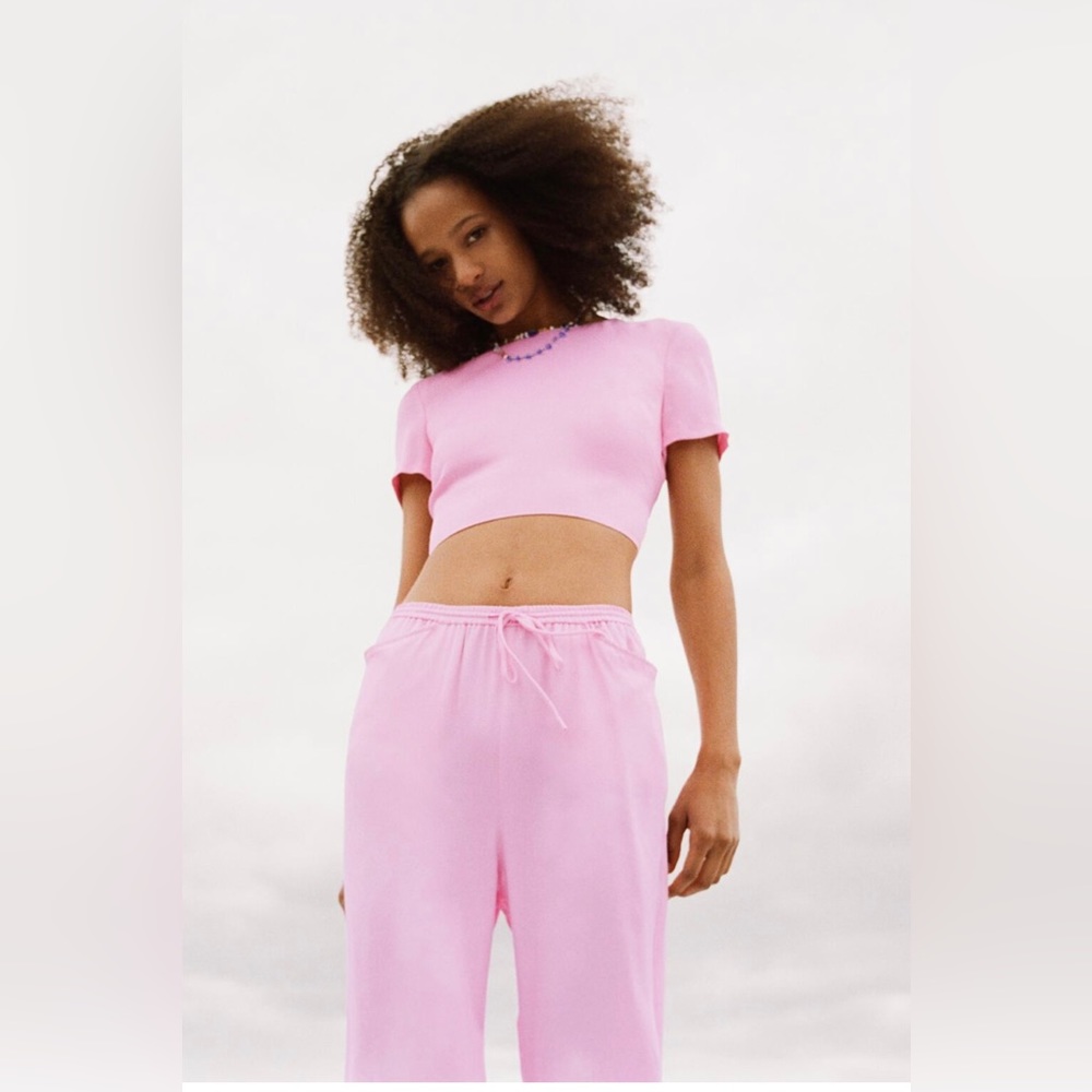 Zara Pink Cropped Lace Up top with Satin Flowy Pant Set